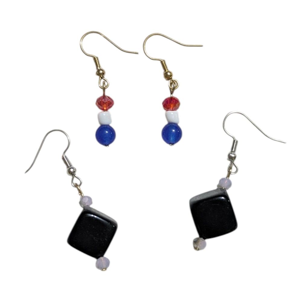 2 Pair Handmade Dangle Earrings Bundle Red White Blue Beaded & Black Stone